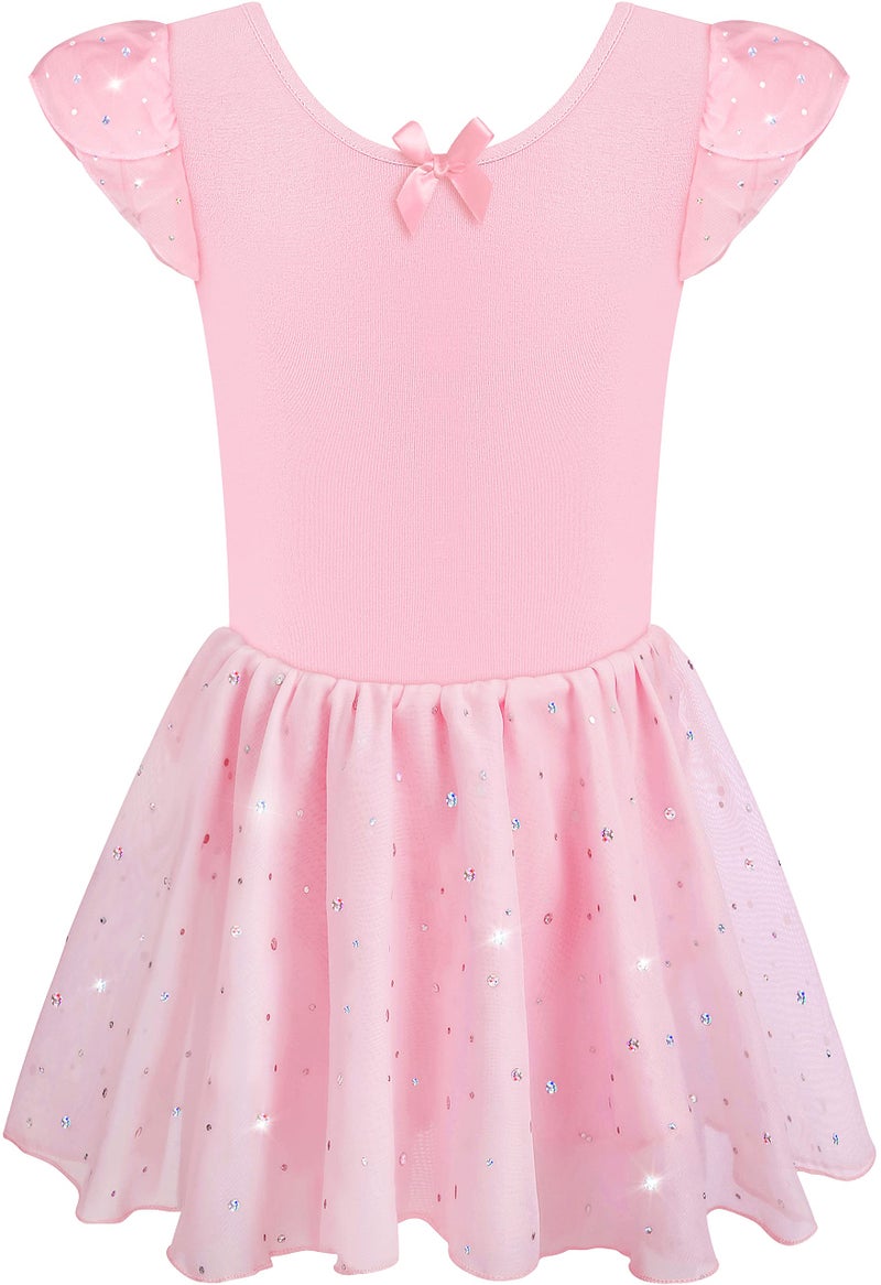 DANSHOW Girls Glitter Leotards for Ballet Dance Dress with Tutu Skirt Petal Sleeve(4040-M-08) - Image 1